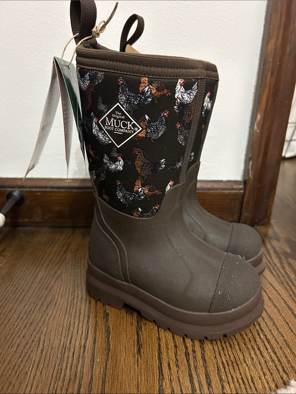 Kids' Brown Farm Chick Pattern Waterproof Muck Boots